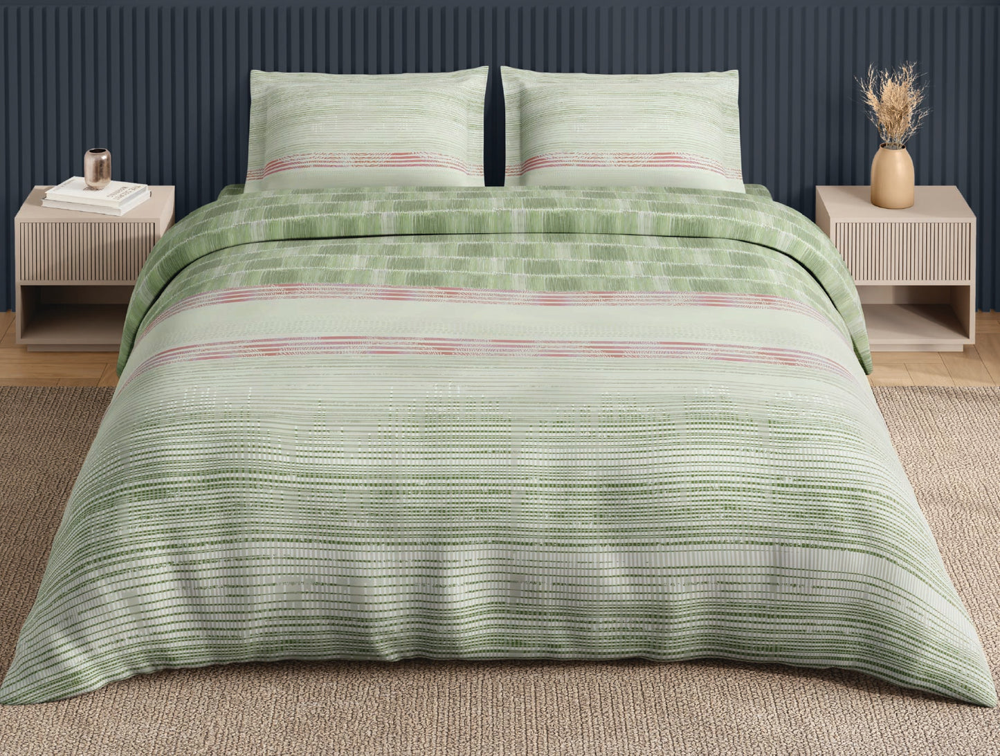Spaces Neo Light Green Geometric 100% Cotton Large Bedsheet with 2 Pillow Covers - 108 x 108 Inches