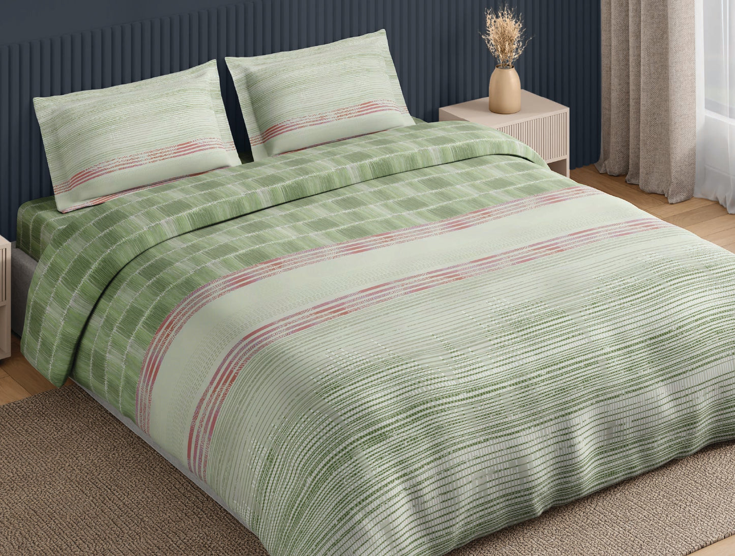 Spaces Neo Light Green Geometric 100% Cotton Large Bedsheet with 2 Pillow Covers - 108 x 108 Inches