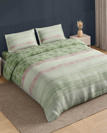 Spaces Neo Light Green Geometric 100% Cotton Large Bedsheet with 2 Pillow Covers - 108 x 108 Inches