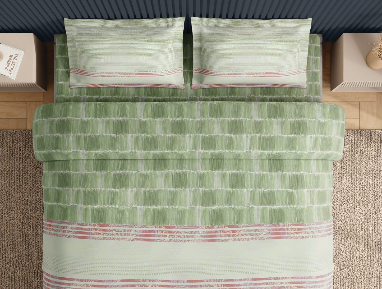 Spaces Neo Light Green Geometric 100% Cotton Large Bedsheet with 2 Pillow Covers - 108 x 108 Inches