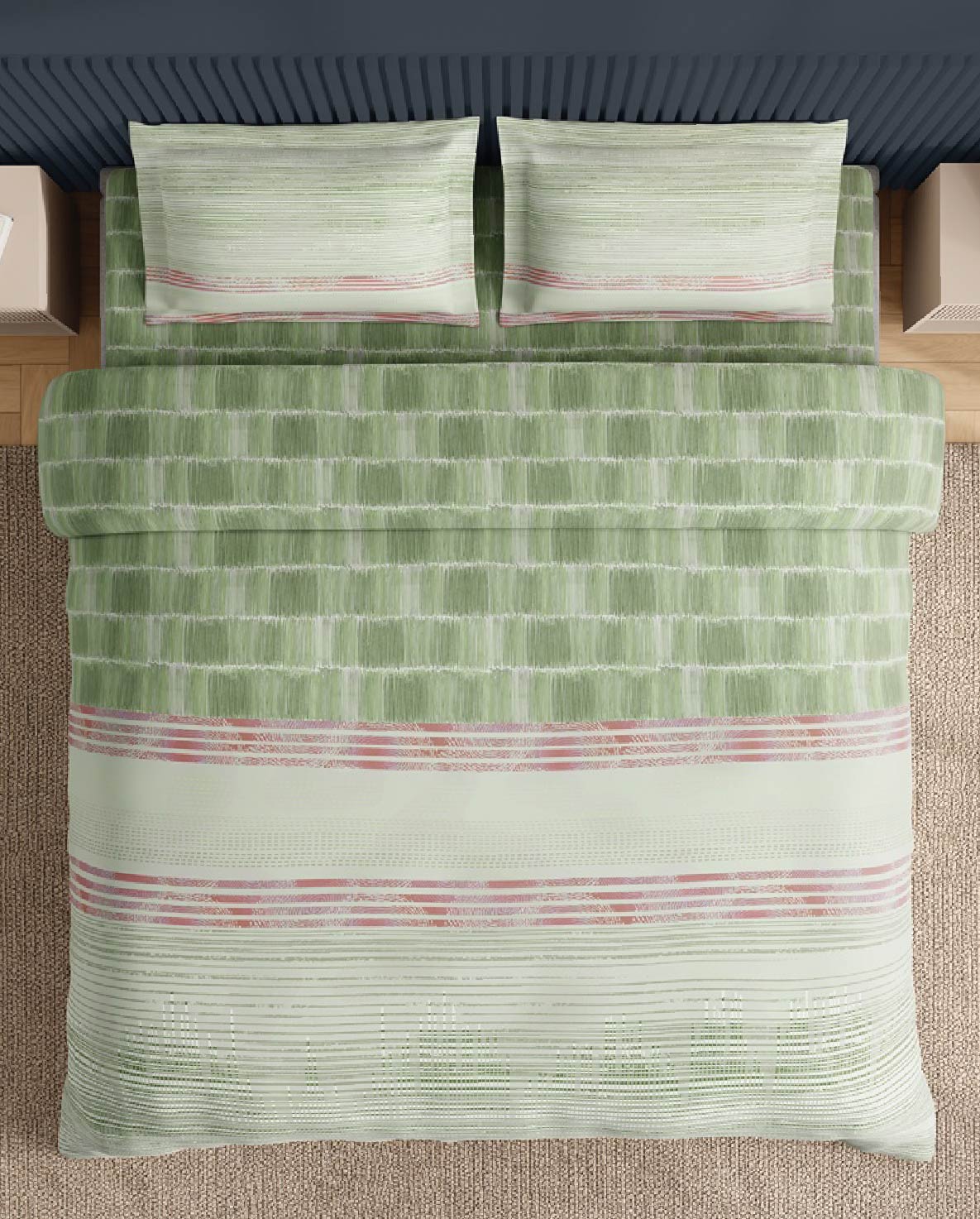 Spaces Neo Light Green Geometric 100% Cotton Large Bedsheet with 2 Pillow Covers - 108 x 108 Inches