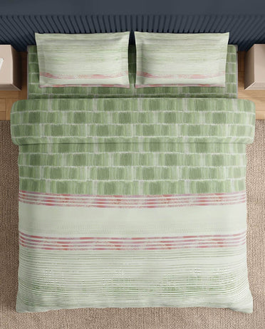 Spaces Neo Light Green Geometric 100% Cotton Large Bedsheet with 2 Pillow Covers - 108 x 108 Inches