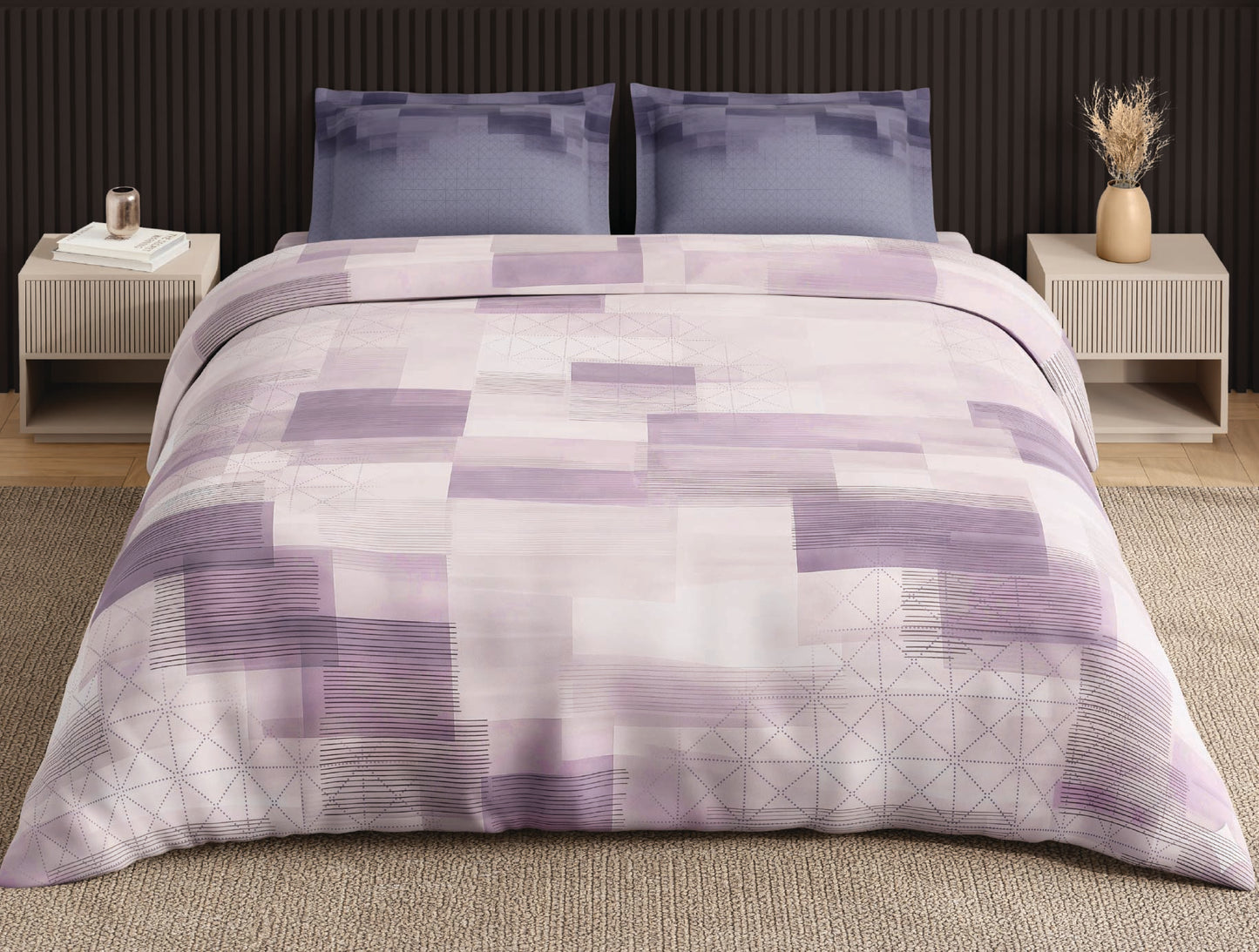 Spaces Neo Light Violet Geometric 100% Cotton Large Bedsheet with 2 Pillow Covers - 108 x 108 Inches