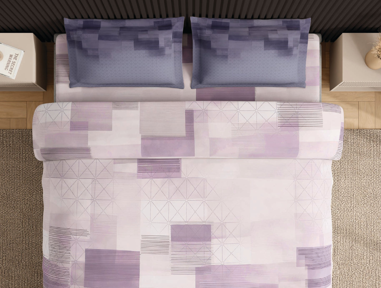 Spaces Neo Light Violet Geometric 100% Cotton Large Bedsheet with 2 Pillow Covers - 108 x 108 Inches