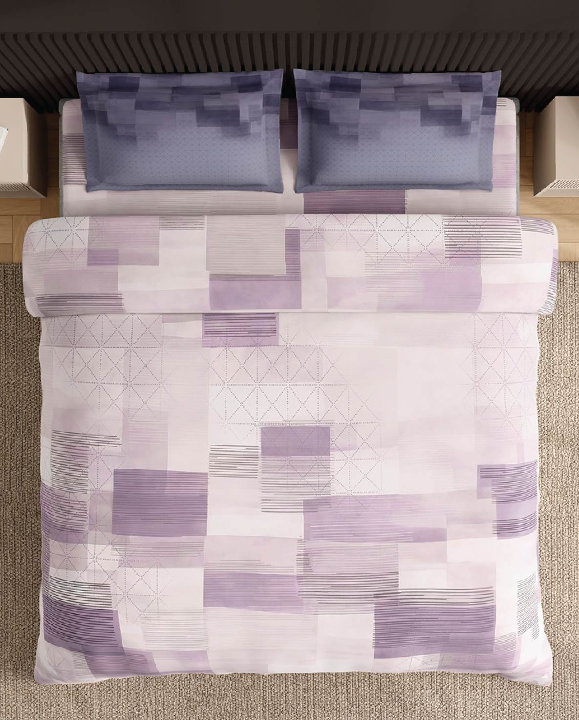 Spaces Neo Light Violet Geometric 100% Cotton Large Bedsheet with 2 Pillow Covers - 108 x 108 Inches