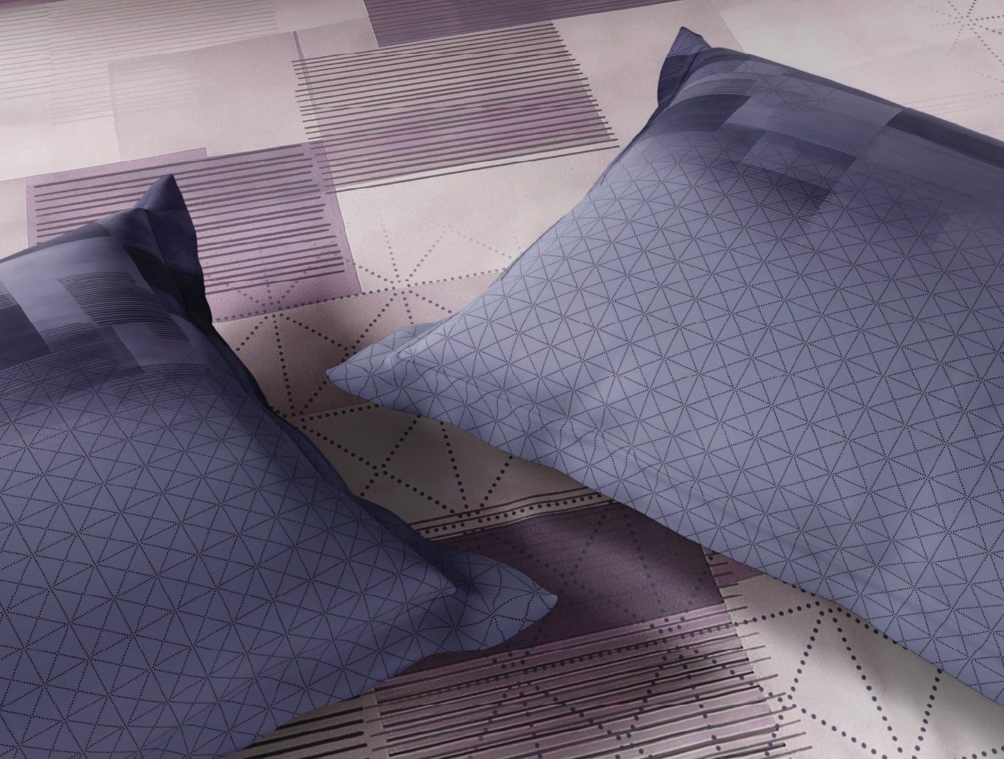 Spaces Neo Light Violet Geometric 100% Cotton Large Bedsheet with 2 Pillow Covers - 108 x 108 Inches