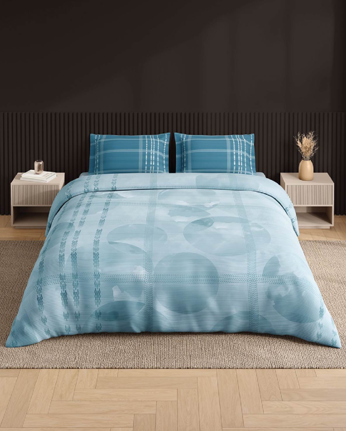 Spaces Neo Light Aqua Geometric 100% Cotton Large Bedsheet with 2 Pillow Covers - 108 x 108 Inches