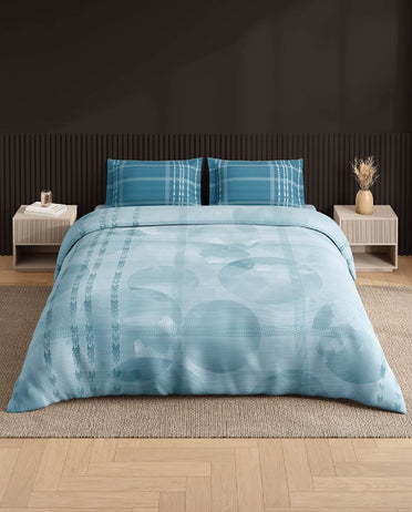 Spaces Neo Light Aqua Geometric 100% Cotton Large Bedsheet with 2 Pillow Covers - 108 x 108 Inches
