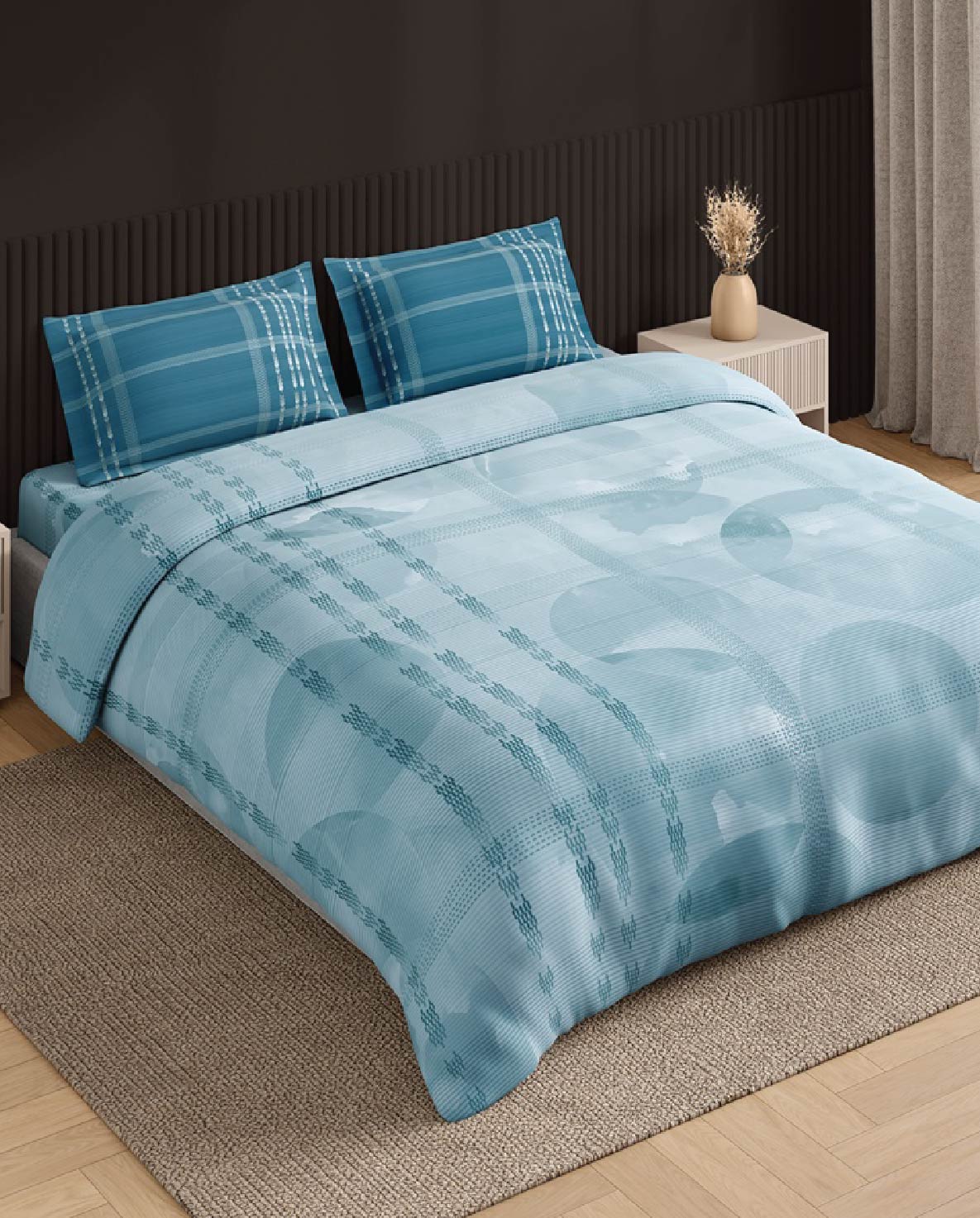 Spaces Neo Light Aqua Geometric 100% Cotton Large Bedsheet with 2 Pillow Covers - 108 x 108 Inches