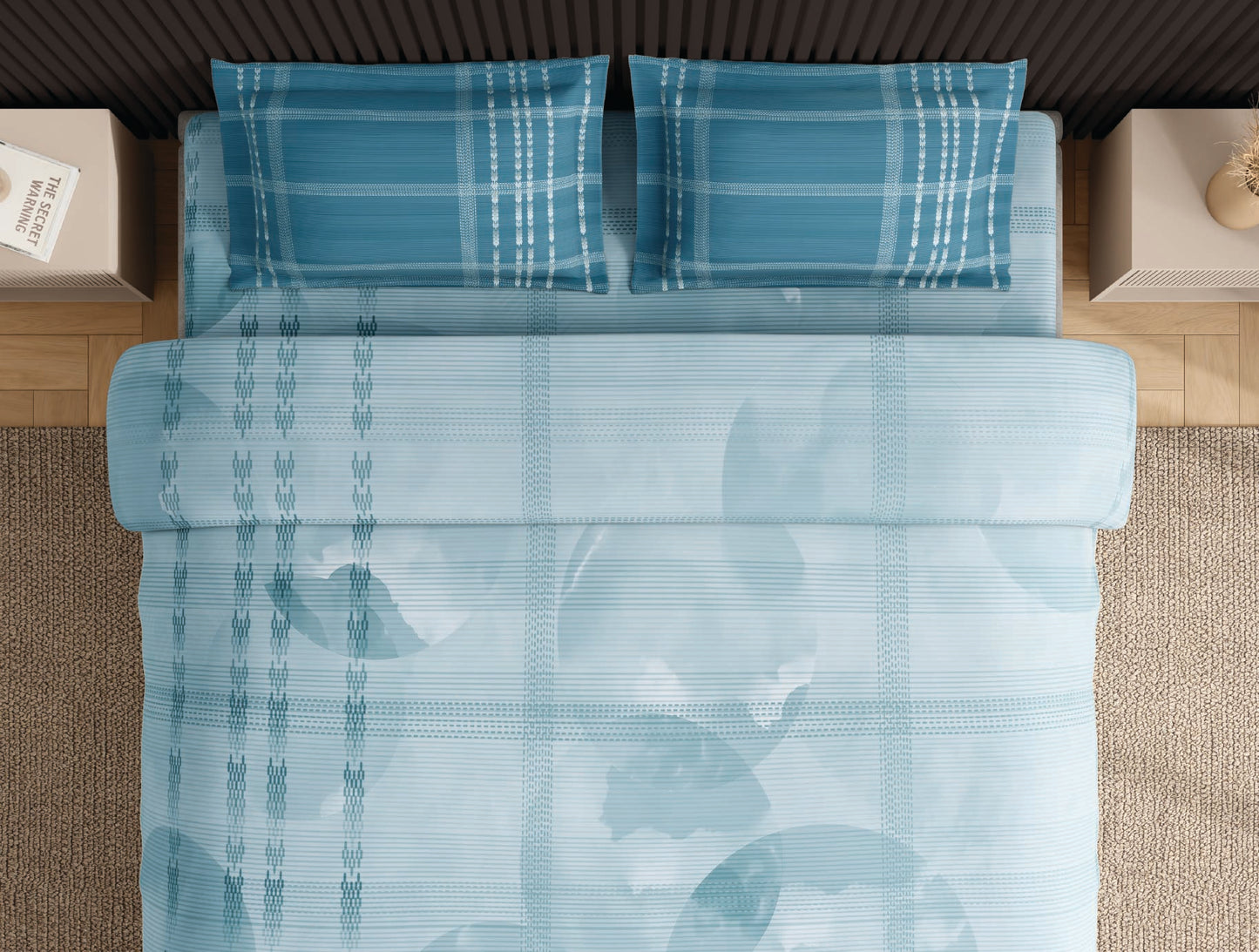 Spaces Neo Light Aqua Geometric 100% Cotton Large Bedsheet with 2 Pillow Covers - 108 x 108 Inches