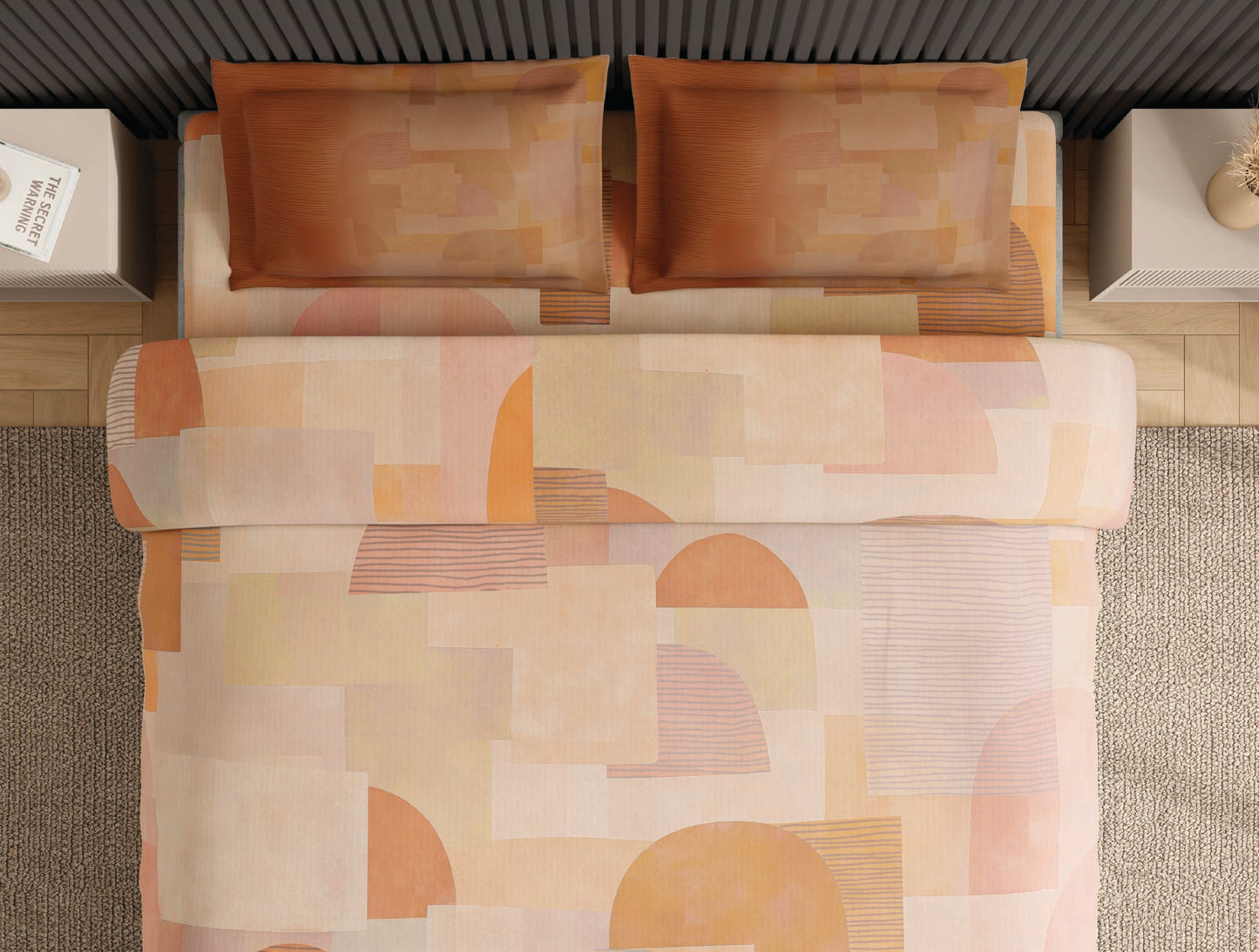 Spaces Neo Light Orange Geometric 100% Cotton Large Bedsheet with 2 Pillow Covers - 108 x 108 Inches