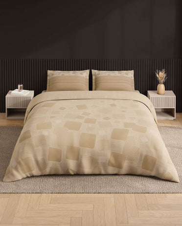 Spaces Neo Beige Geometric 100% Cotton Large Bedsheet with 2 Pillow Covers - 108 x 108 Inches