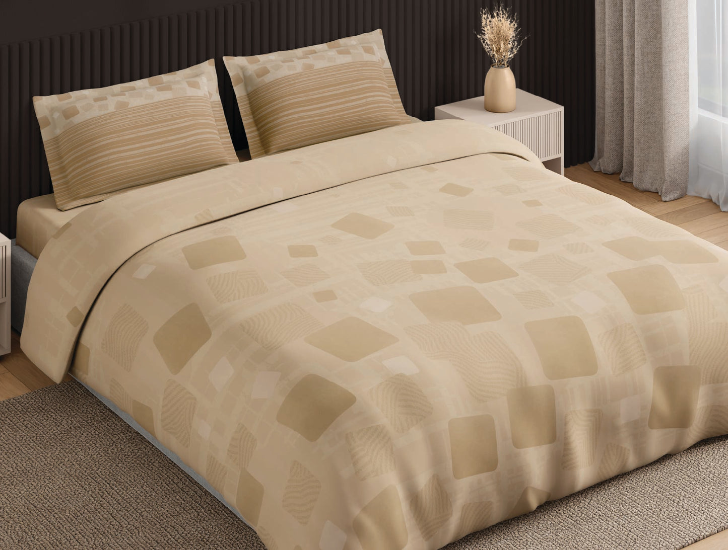 Spaces Neo Beige Geometric 100% Cotton Large Bedsheet with 2 Pillow Covers - 108 x 108 Inches