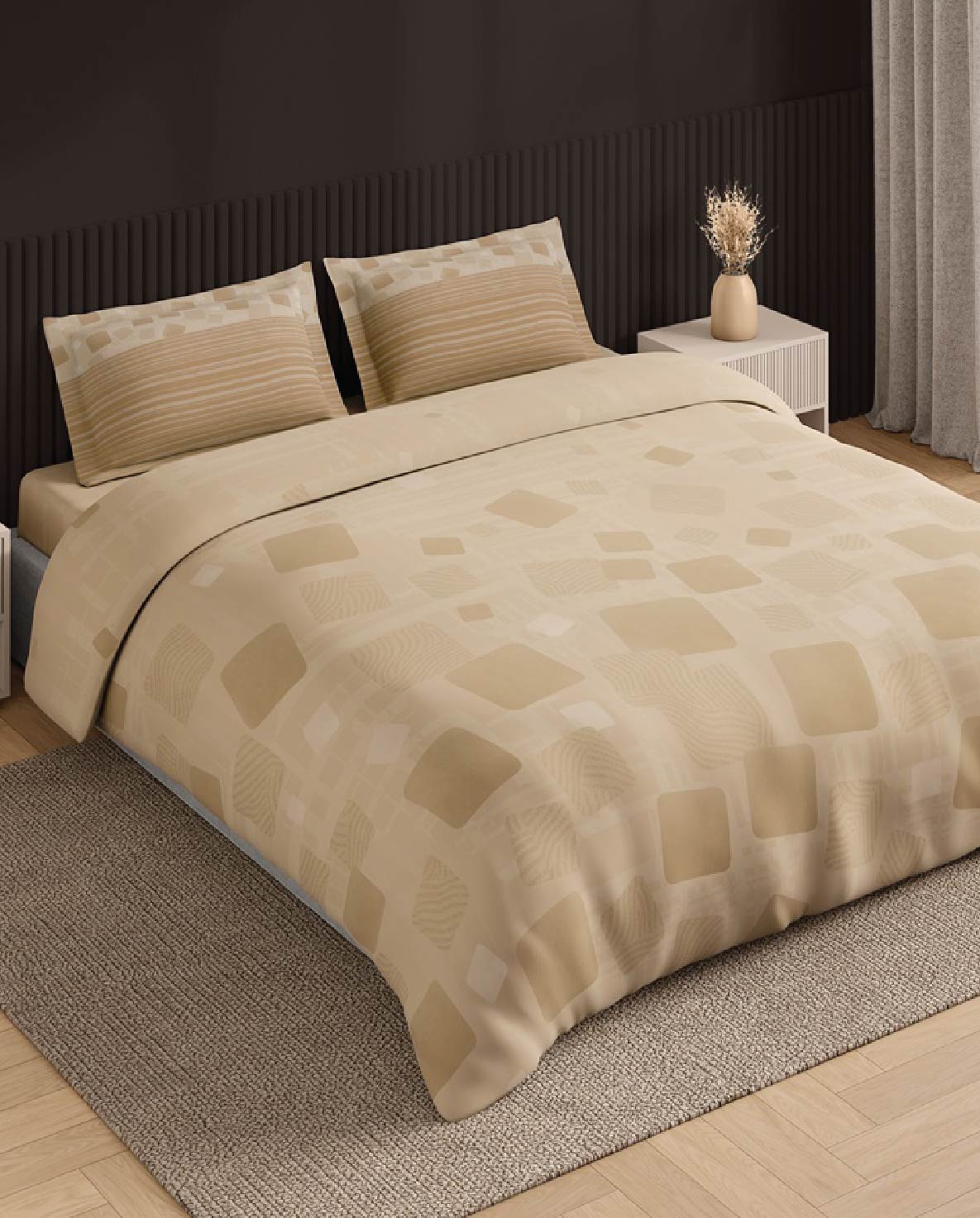 Spaces Neo Beige Geometric 100% Cotton Large Bedsheet with 2 Pillow Covers - 108 x 108 Inches