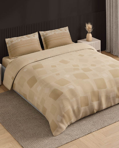 Spaces Neo Beige Geometric 100% Cotton Large Bedsheet with 2 Pillow Covers - 108 x 108 Inches
