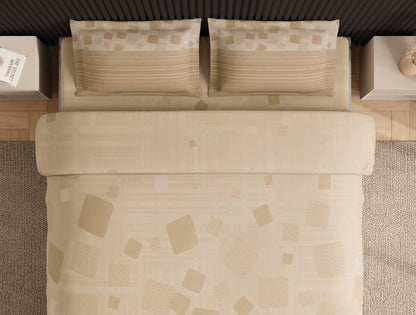 Spaces Neo Beige Geometric 100% Cotton Large Bedsheet with 2 Pillow Covers - 108 x 108 Inches