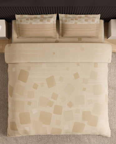 Spaces Neo Beige Geometric 100% Cotton Large Bedsheet with 2 Pillow Covers - 108 x 108 Inches