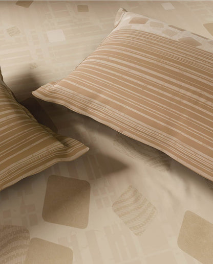 Spaces Neo Beige Geometric 100% Cotton Large Bedsheet with 2 Pillow Covers - 108 x 108 Inches
