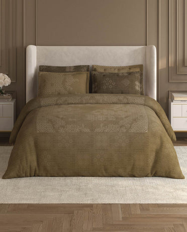 Spaces Nora Light Brown Egyptain Cotton 350 TC Ornate Premium Large Bedsheet with 4 Pillow Covers - 108 x 108 Inches