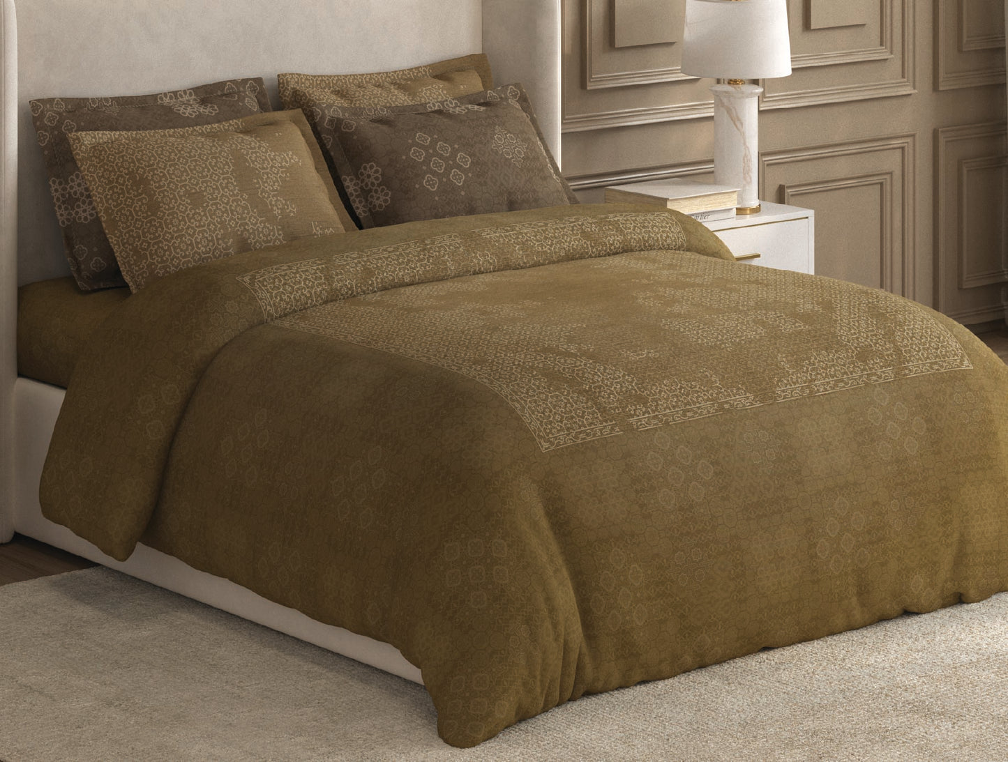 Spaces Nora Light Brown Egyptain Cotton 350 TC Ornate Premium Large Bedsheet with 4 Pillow Covers - 108 x 108 Inches