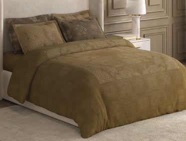 Spaces Nora Light Brown Egyptain Cotton 350 TC Ornate Premium Large Bedsheet with 4 Pillow Covers - 108 x 108 Inches