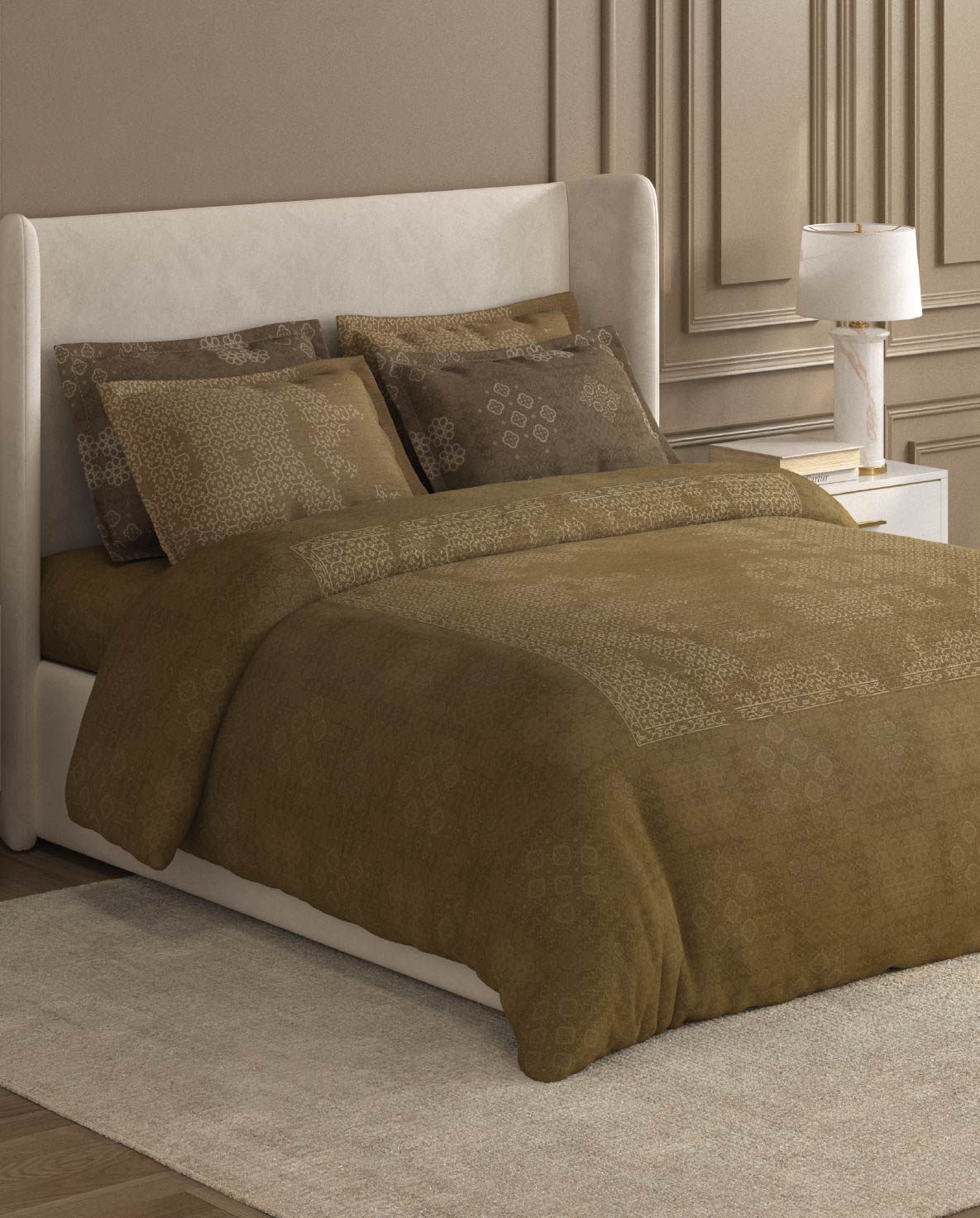 Spaces Nora Light Brown Egyptain Cotton 350 TC Ornate Premium Large Bedsheet with 4 Pillow Covers - 108 x 108 Inches