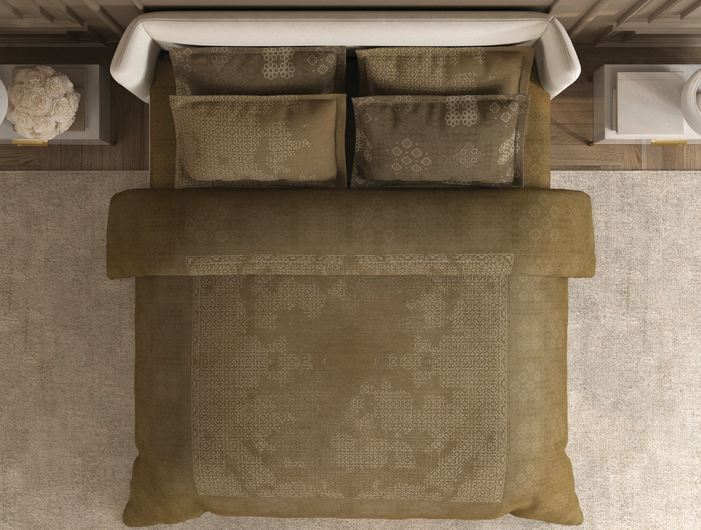 Spaces Nora Light Brown Egyptain Cotton 350 TC Ornate Premium Large Bedsheet with 4 Pillow Covers - 108 x 108 Inches