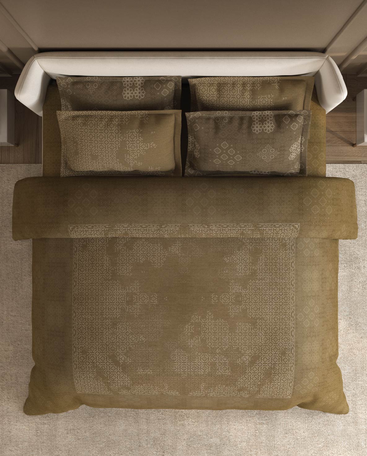 Spaces Nora Light Brown Egyptain Cotton 350 TC Ornate Premium Large Bedsheet with 4 Pillow Covers - 108 x 108 Inches
