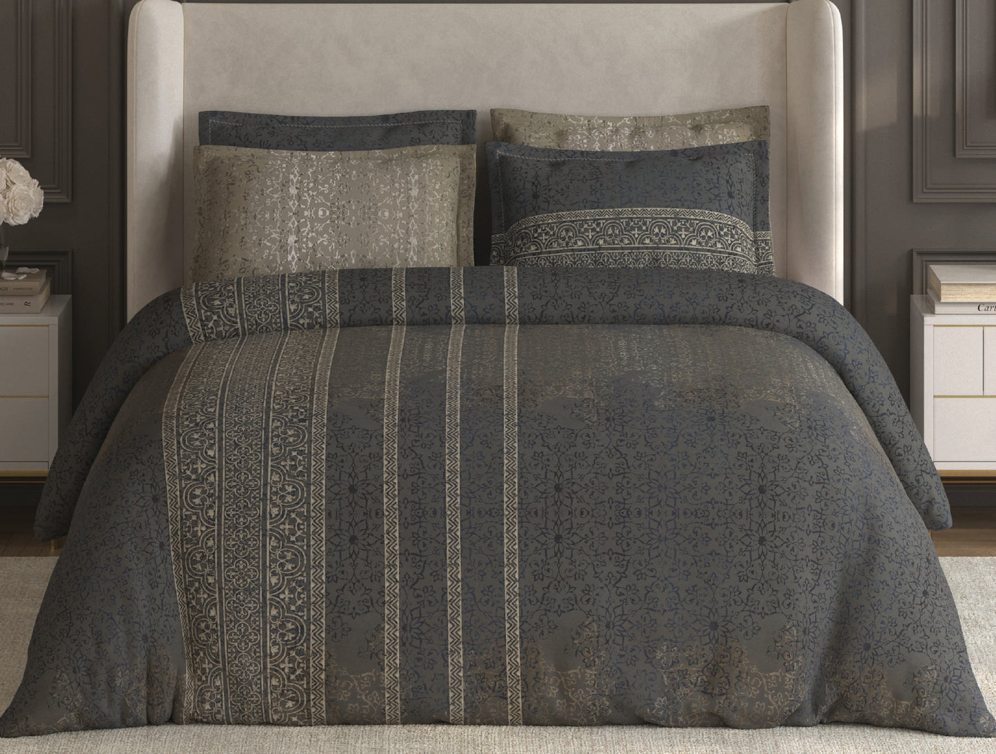 Spaces Nora Dark Grey Egyptain Cotton 350 TC Ornate Premium Large Bedsheet with 4 Pillow Covers - 108 x 108 Inches