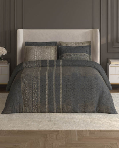Spaces Nora Dark Grey Egyptain Cotton 350 TC Ornate Premium Large Bedsheet with 4 Pillow Covers - 108 x 108 Inches