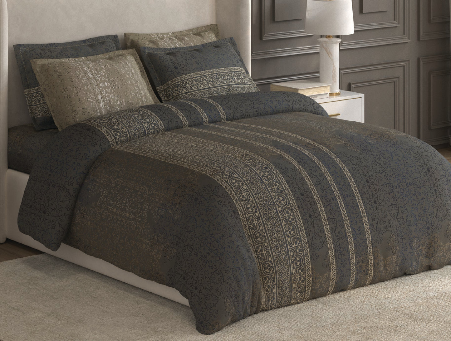 Spaces Nora Dark Grey Egyptain Cotton 350 TC Ornate Premium Large Bedsheet with 4 Pillow Covers - 108 x 108 Inches