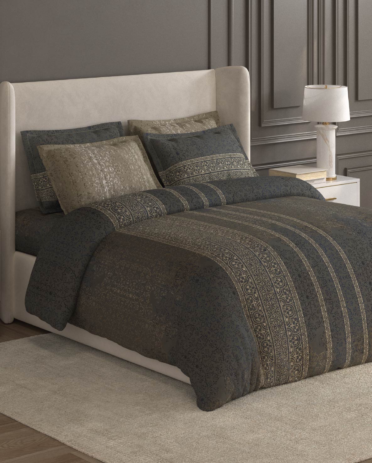 Spaces Nora Dark Grey Egyptain Cotton 350 TC Ornate Premium Large Bedsheet with 4 Pillow Covers - 108 x 108 Inches