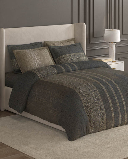 Spaces Nora Dark Grey Egyptain Cotton 350 TC Ornate Premium Large Bedsheet with 4 Pillow Covers - 108 x 108 Inches