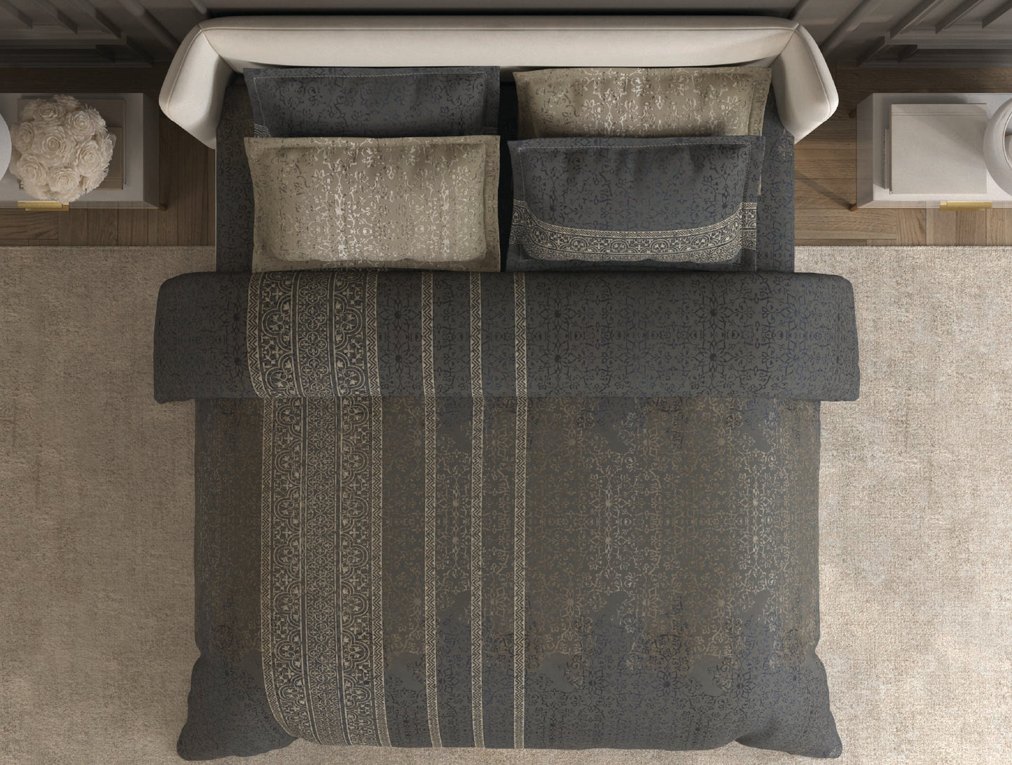 Spaces Nora Dark Grey Egyptain Cotton 350 TC Ornate Premium Large Bedsheet with 4 Pillow Covers - 108 x 108 Inches