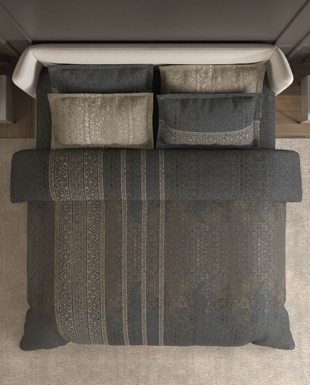 Spaces Nora Dark Grey Egyptain Cotton 350 TC Ornate Premium Large Bedsheet with 4 Pillow Covers - 108 x 108 Inches