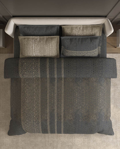 Spaces Nora Dark Grey Egyptain Cotton 350 TC Ornate Premium Large Bedsheet with 4 Pillow Covers - 108 x 108 Inches