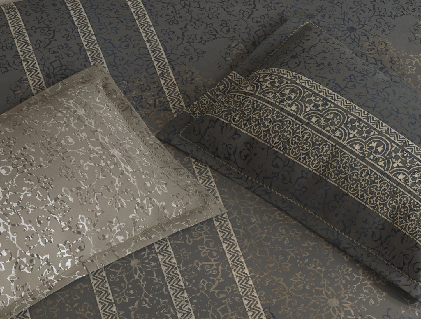 Spaces Nora Dark Grey Egyptain Cotton 350 TC Ornate Premium Large Bedsheet with 4 Pillow Covers - 108 x 108 Inches