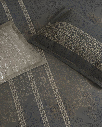 Spaces Nora Dark Grey Egyptain Cotton 350 TC Ornate Premium Large Bedsheet with 4 Pillow Covers - 108 x 108 Inches