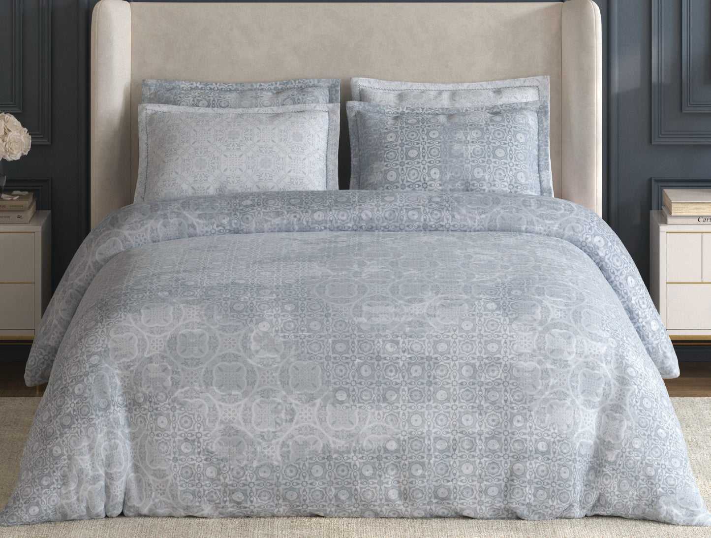 Spaces Nora White Egyptain Cotton 350 TC Ornate Premium Large Bedsheet with 4 Pillow Covers - 108 x 108 Inches