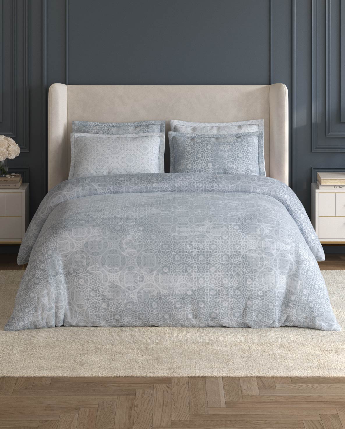 Spaces Nora White Egyptain Cotton 350 TC Ornate Premium Large Bedsheet with 4 Pillow Covers - 108 x 108 Inches