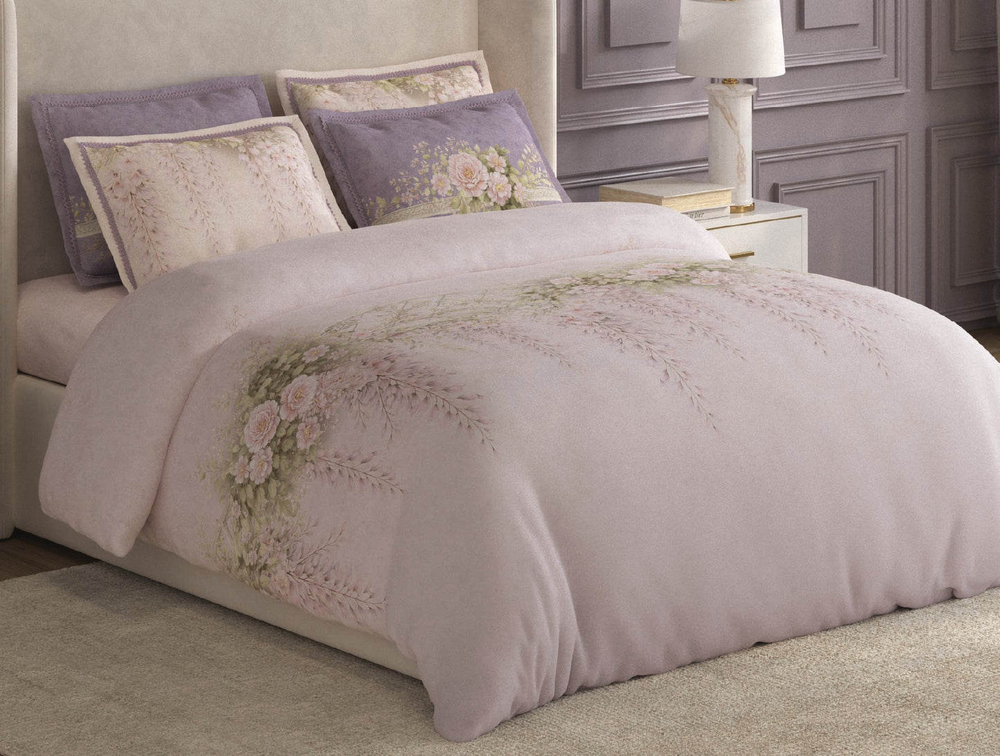 Spaces Nora Light Blush Egyptain Cotton 350 TC Floral Premium Large Bedsheet with 4 Pillow Covers - 108 x 108 Inches