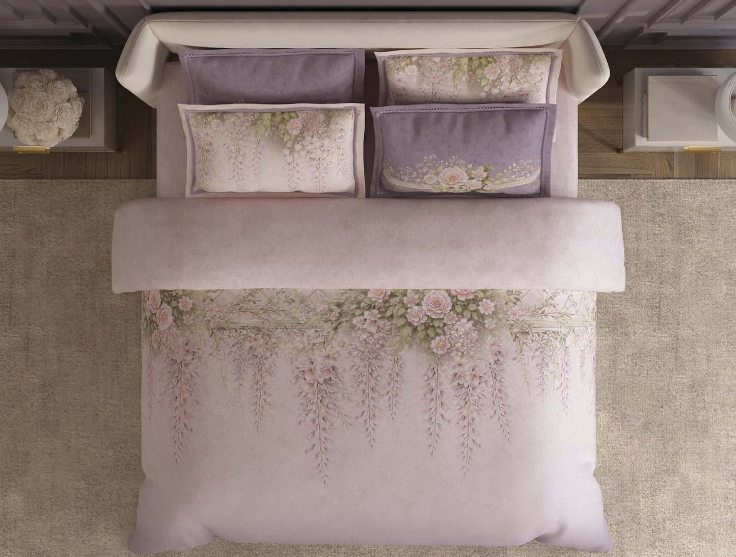 Spaces Nora Light Blush Egyptain Cotton 350 TC Floral Premium Large Bedsheet with 4 Pillow Covers - 108 x 108 Inches