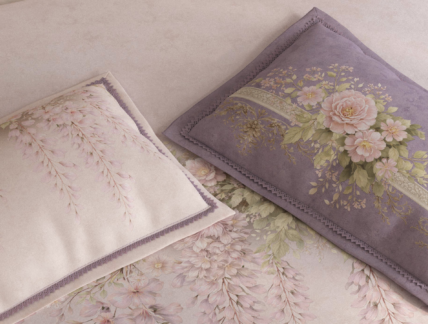 Spaces Nora Light Blush Egyptain Cotton 350 TC Floral Premium Large Bedsheet with 4 Pillow Covers - 108 x 108 Inches