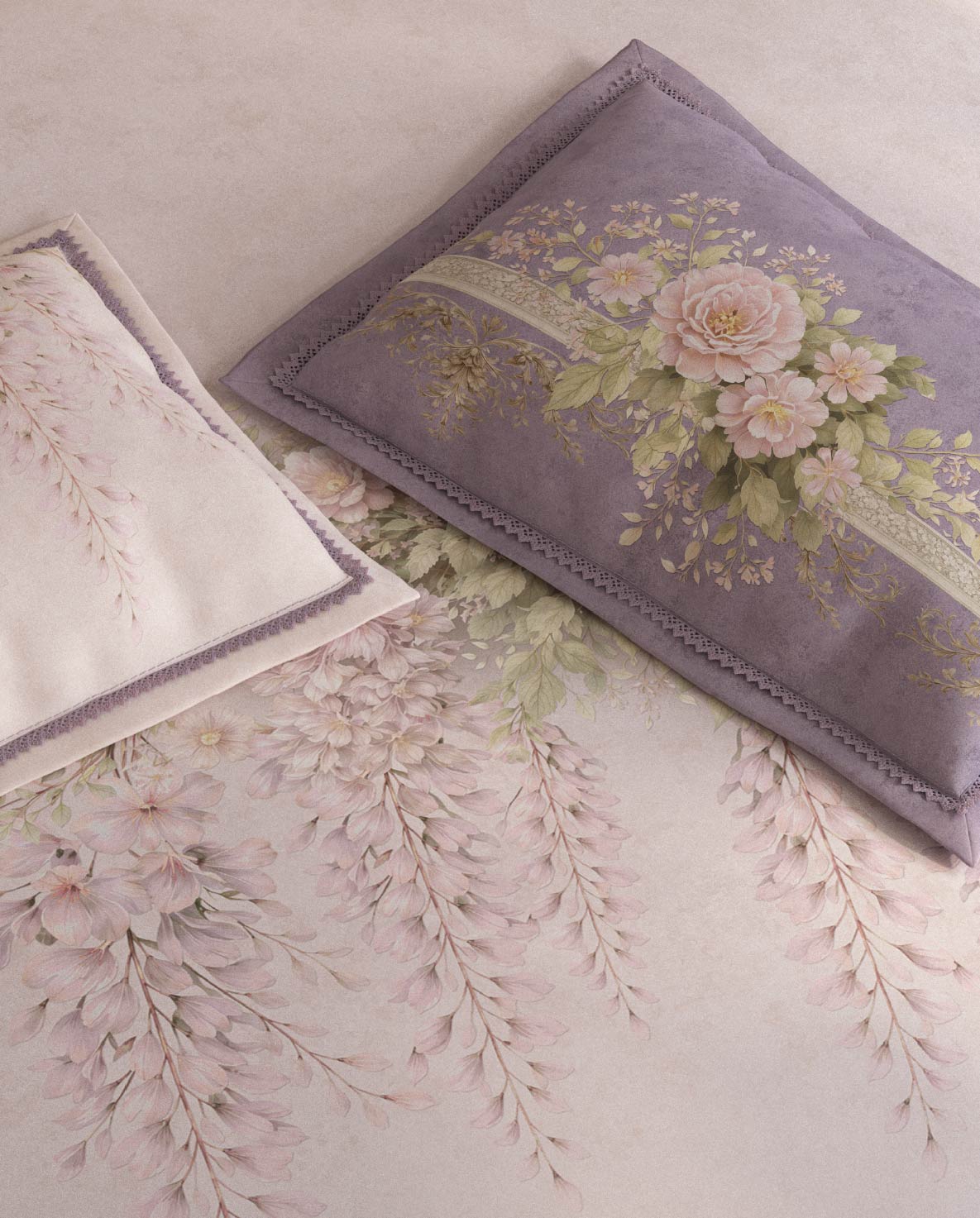 Spaces Nora Light Blush Egyptain Cotton 350 TC Floral Premium Large Bedsheet with 4 Pillow Covers - 108 x 108 Inches