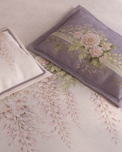 Spaces Nora Light Blush Egyptain Cotton 350 TC Floral Premium Large Bedsheet with 4 Pillow Covers - 108 x 108 Inches