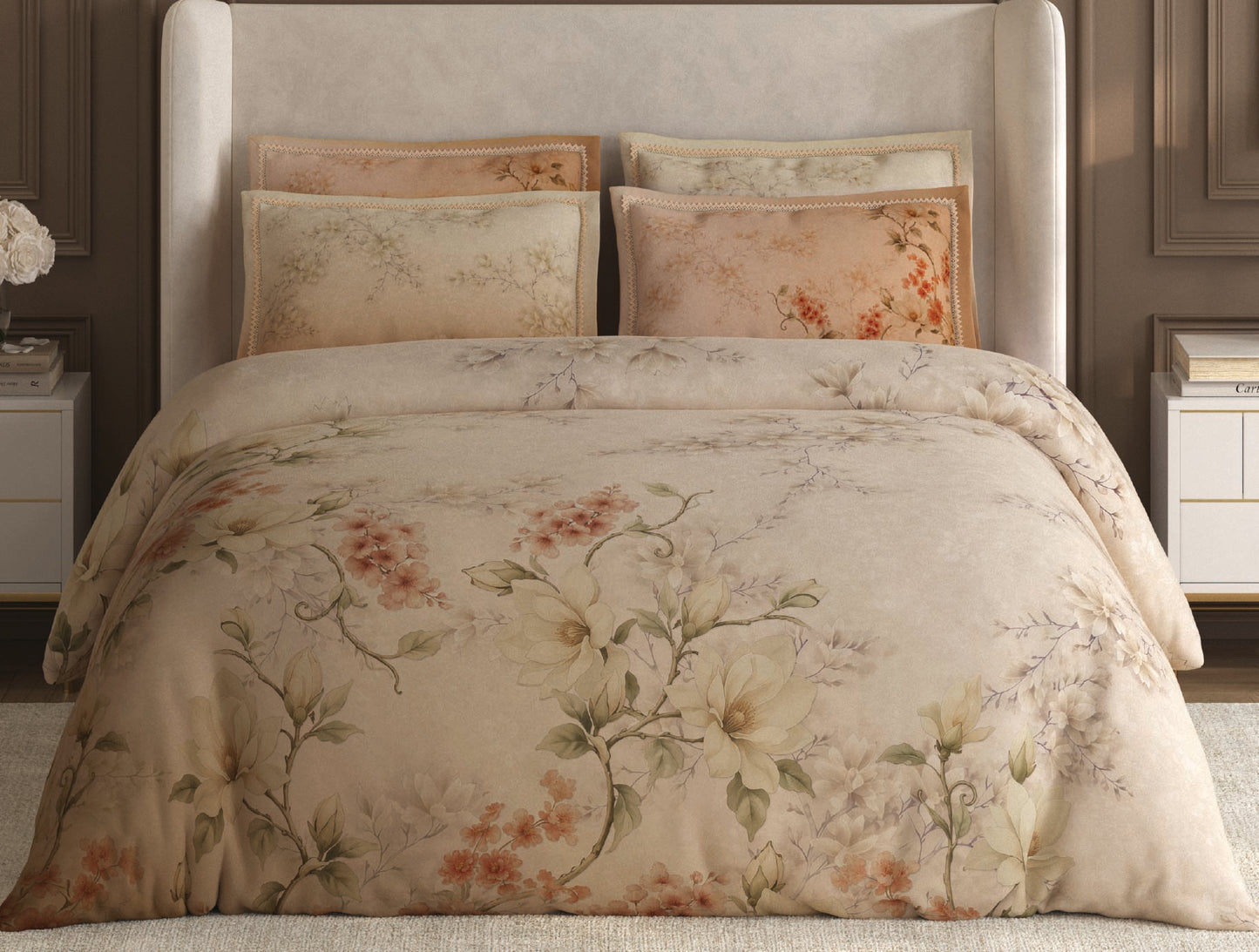 Spaces Nora Light Beige Egyptain Cotton 350 TC Floral Premium Large Bedsheet with 4 Pillow Covers - 108 x 108 Inches