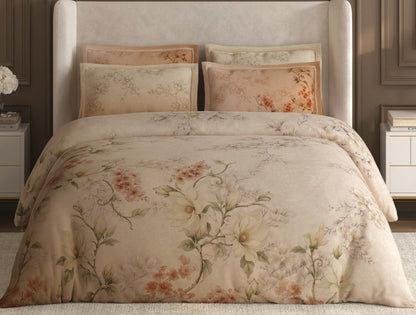 Spaces Nora Light Beige Egyptain Cotton 350 TC Floral Premium Large Bedsheet with 4 Pillow Covers - 108 x 108 Inches