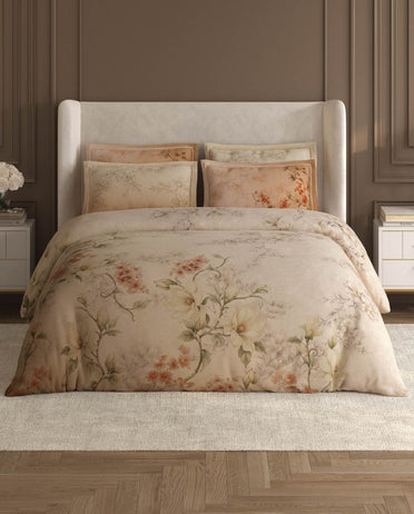 Spaces Nora Light Beige Egyptain Cotton 350 TC Floral Premium Large Bedsheet with 4 Pillow Covers - 108 x 108 Inches