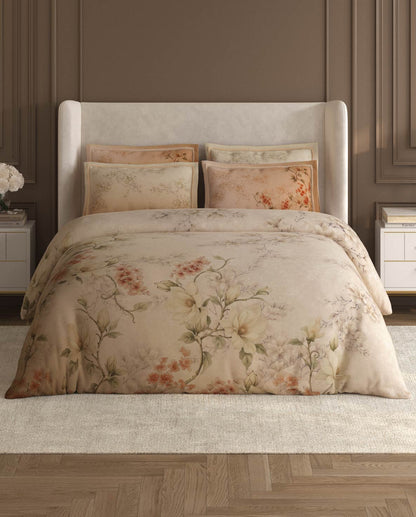 Spaces Nora Light Beige Egyptain Cotton 350 TC Floral Premium Large Bedsheet with 4 Pillow Covers - 108 x 108 Inches