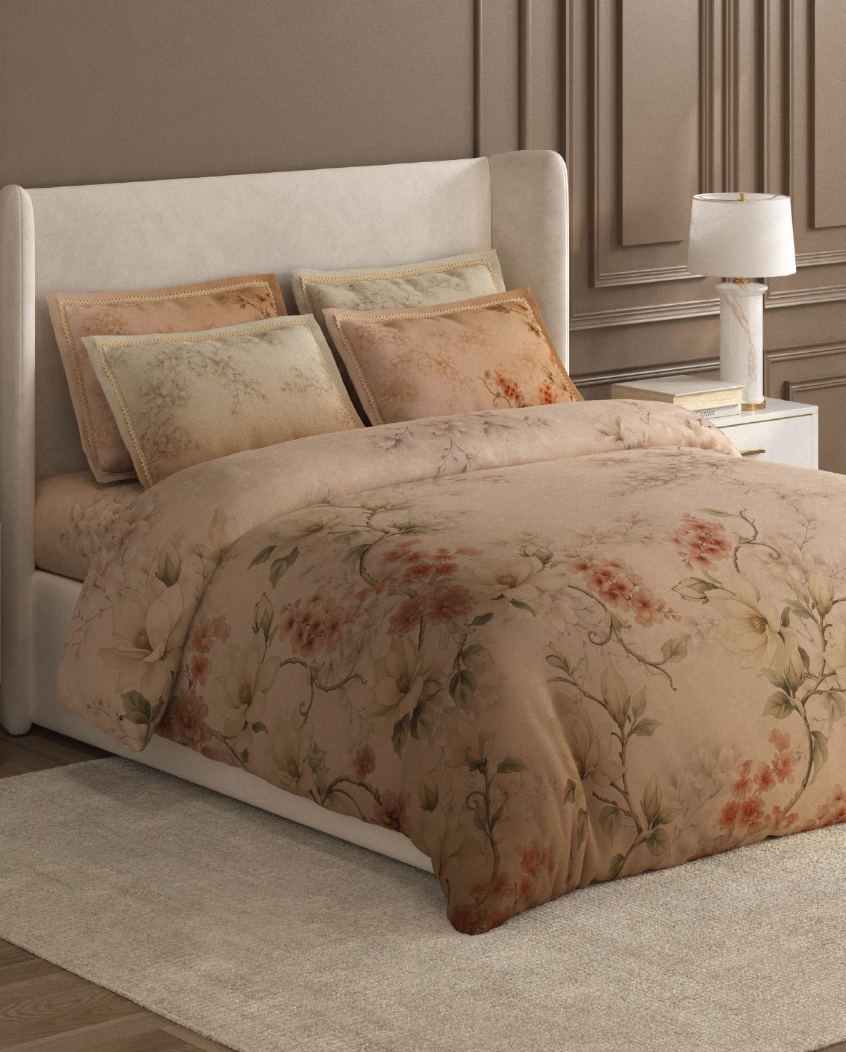 Spaces Nora Light Beige Egyptain Cotton 350 TC Floral Premium Large Bedsheet with 4 Pillow Covers - 108 x 108 Inches